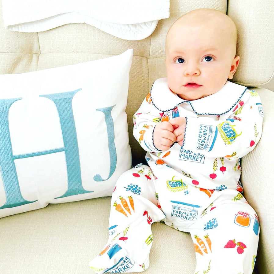 Baby Boy sitting in Heyward House Pima Farmer's Market Playsuit