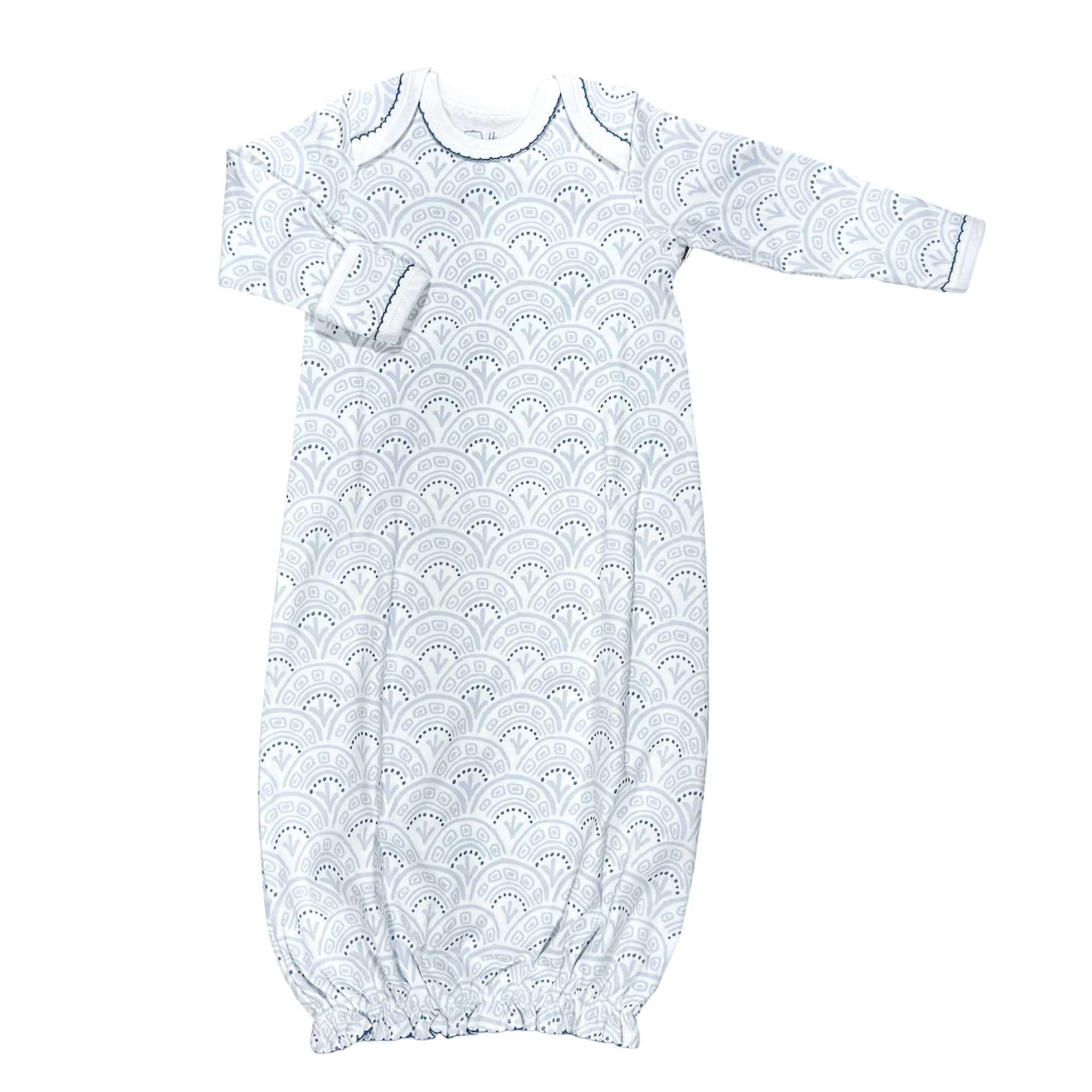 Blue Scallop gown featuring charming and playful prints.