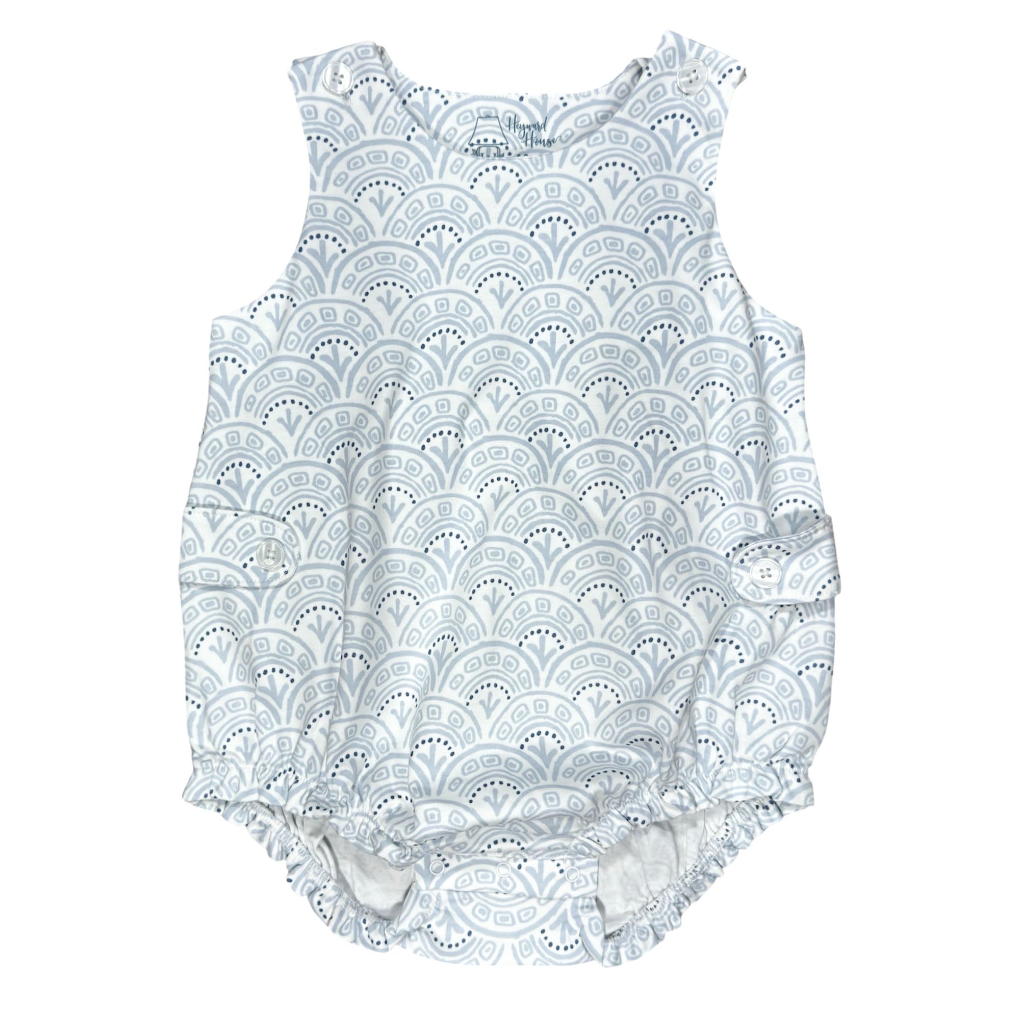 Blue Scallop boy sleeveless bubble featuring charming and playful prints.