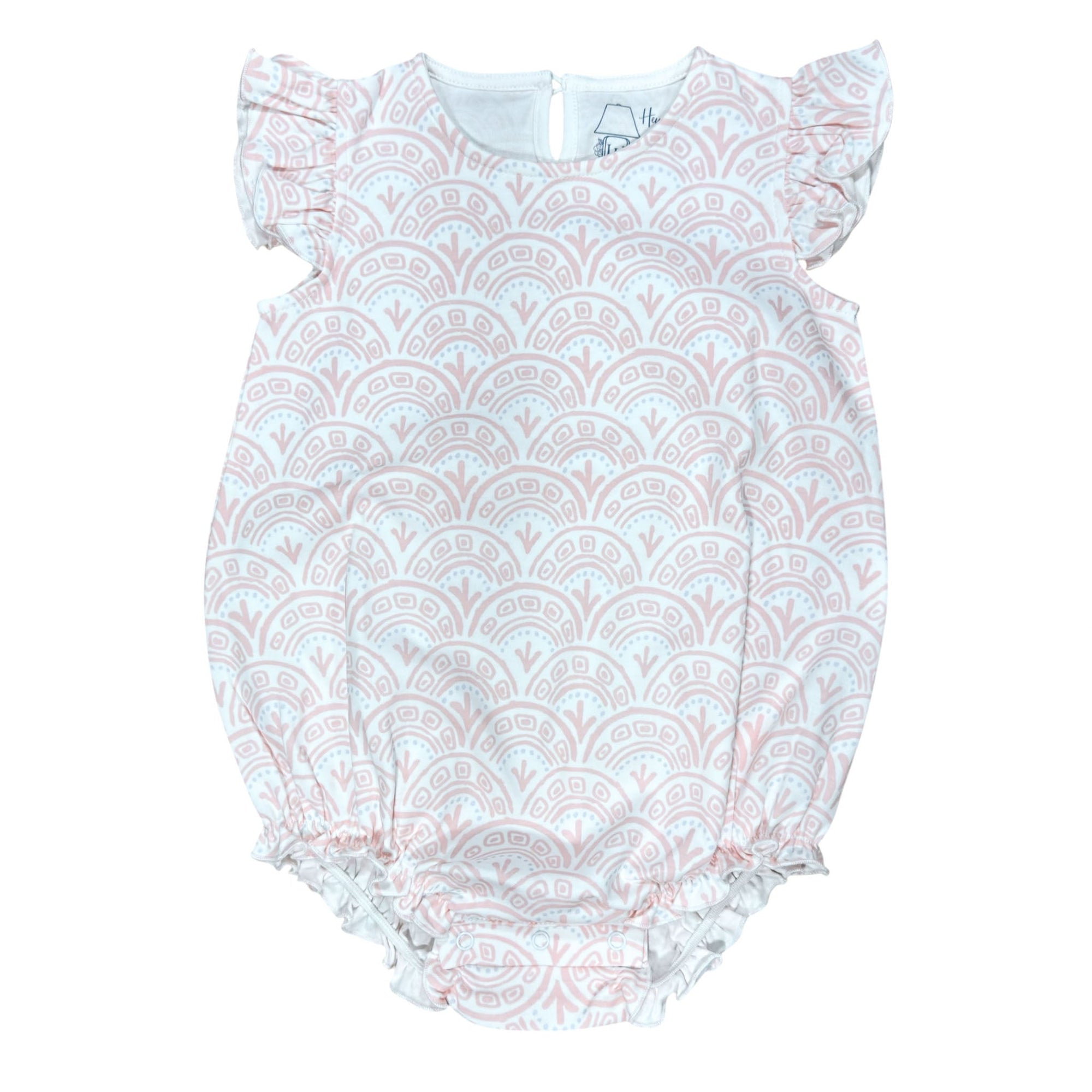 Pink Scallop girls sleeveless classic bubble featuring charming and playful prints.