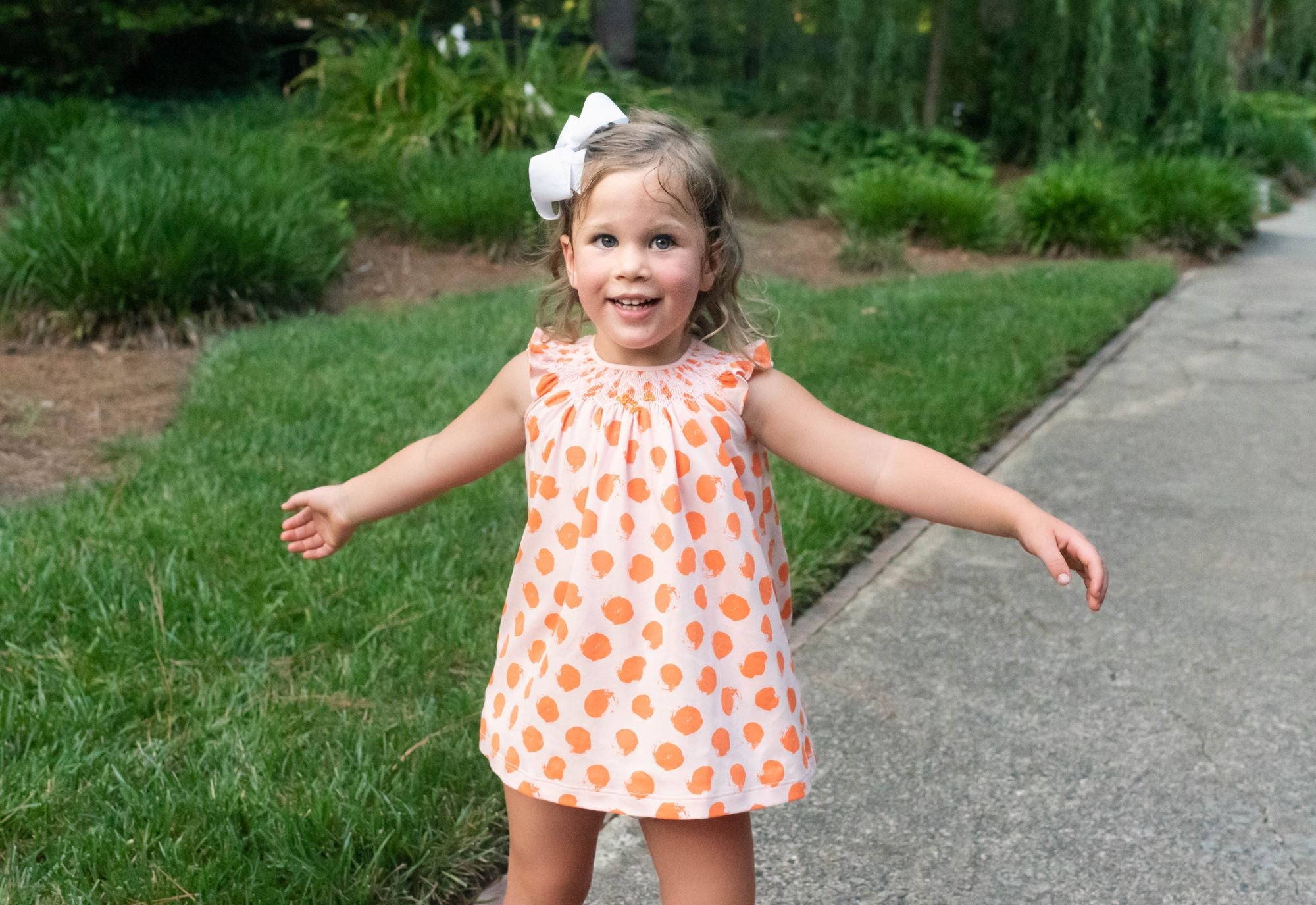 orange white polka dot dress Little Girls Polka-Dot Dress with bishop smocking by Heyward House 6-9 mos. / Pink Polka-Dot