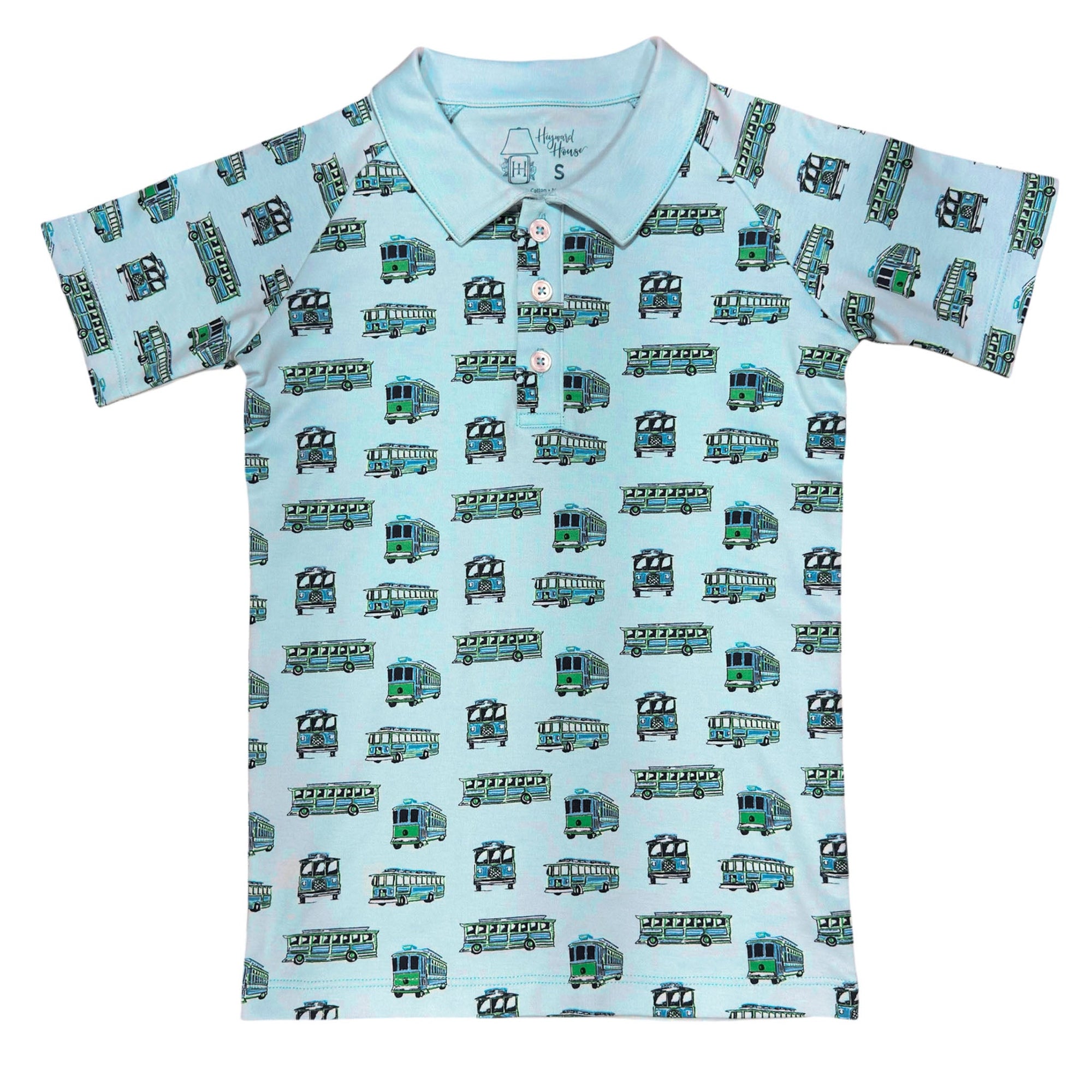 Tradd Street Trolleys boys ss pima polo featuring charming and playful prints.