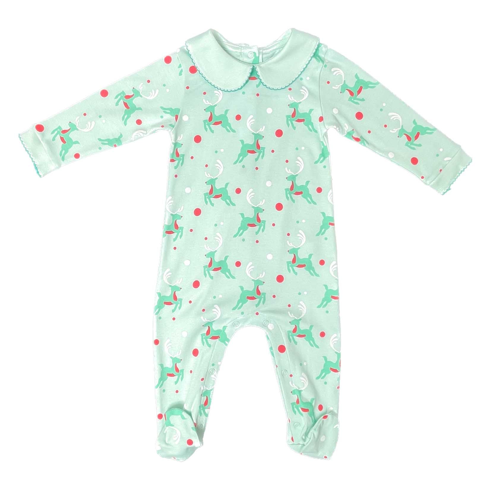 green retro reindeer print on pima cotton boys playsuit with peter pan collar