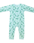 Back of Heyward House long sleeve romper with holly and pine pattern with vintage blue tint background made of Pima