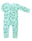 Vintage inspired Heyward House long sleeve romper with holly and pine pattern with vintage blue tint background made of Pima