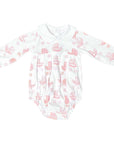 Pink Pram print on long sleeve girls pleated bubble front view spread