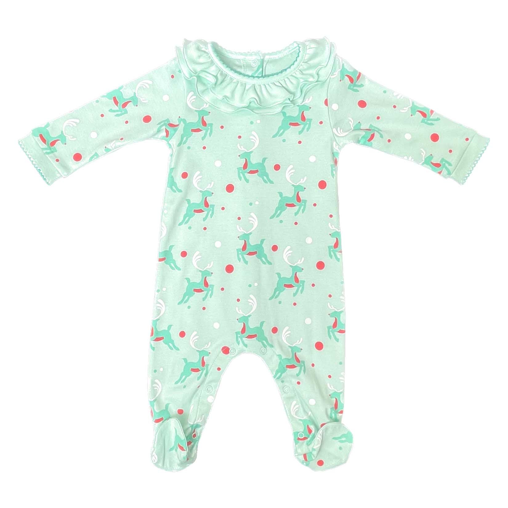 Front view of Heyward House girls playsuit with ruffle collar and green retro reindeer pattern in pima cotton