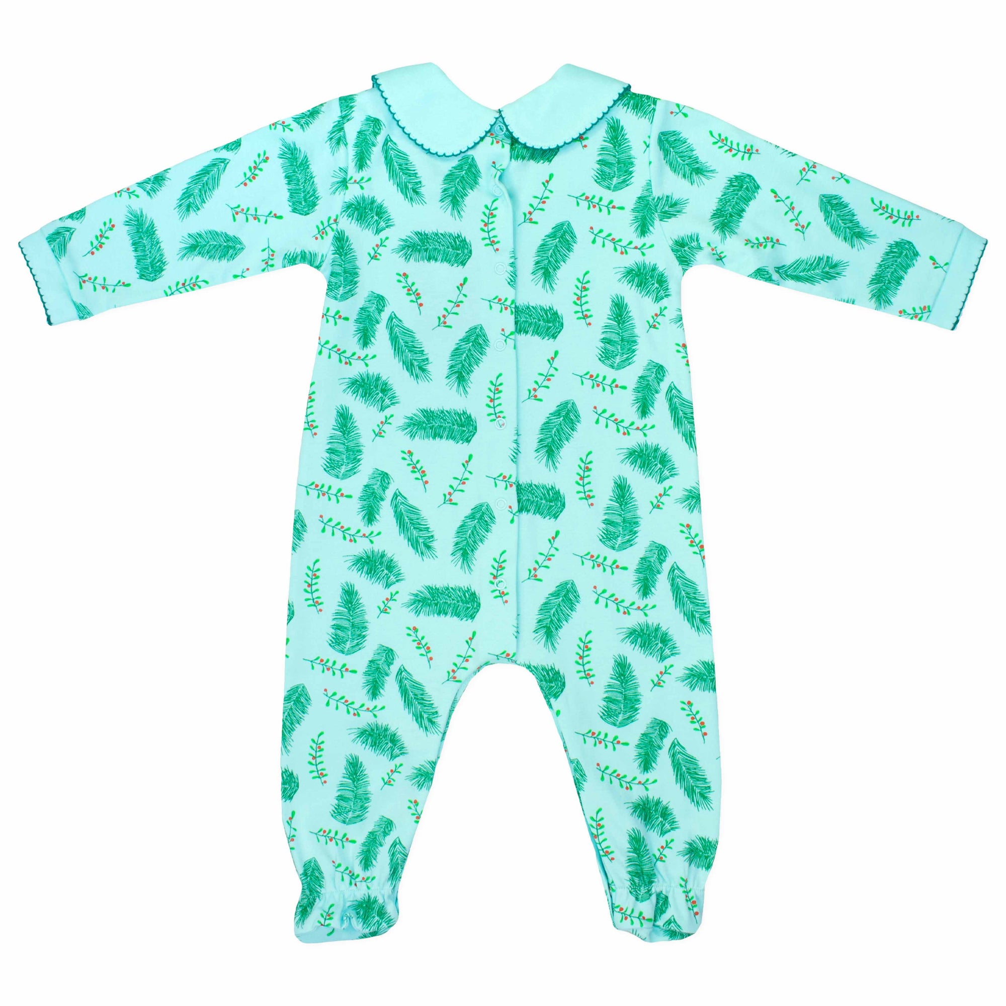 blue boys playsuit with classic peter-pan collar and vintage Christmas holly pattern made in pima cotton - back view