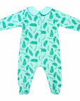 blue boys playsuit with classic peter-pan collar and vintage Christmas holly pattern made in pima cotton - back view