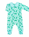 blue boys playsuit with classic peter-pan collar and vintage Christmas holly pattern made in pima cotton