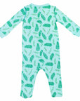 Light blue footed pajama with vintage Christmas holly pattern made in pima cotton - back view