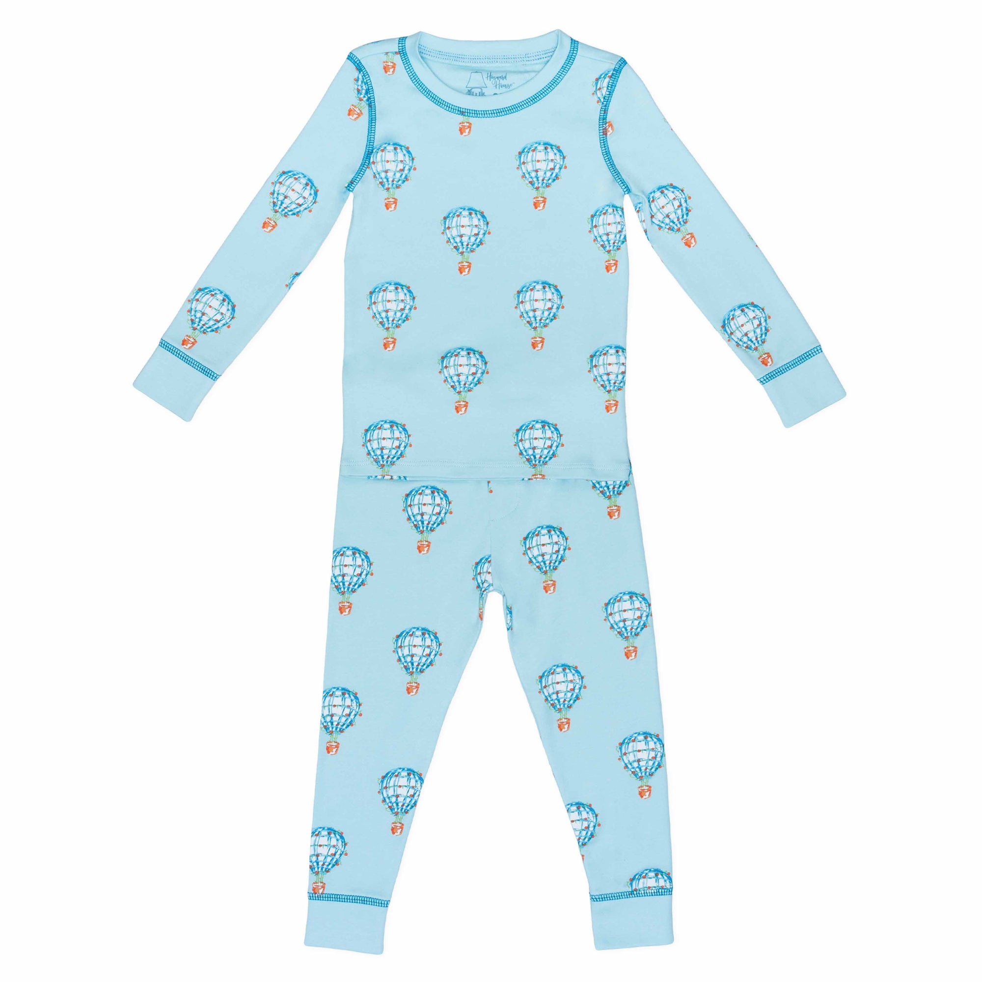 Light blue two-piece pajama set with hot air balloon pattern made in pima cotton