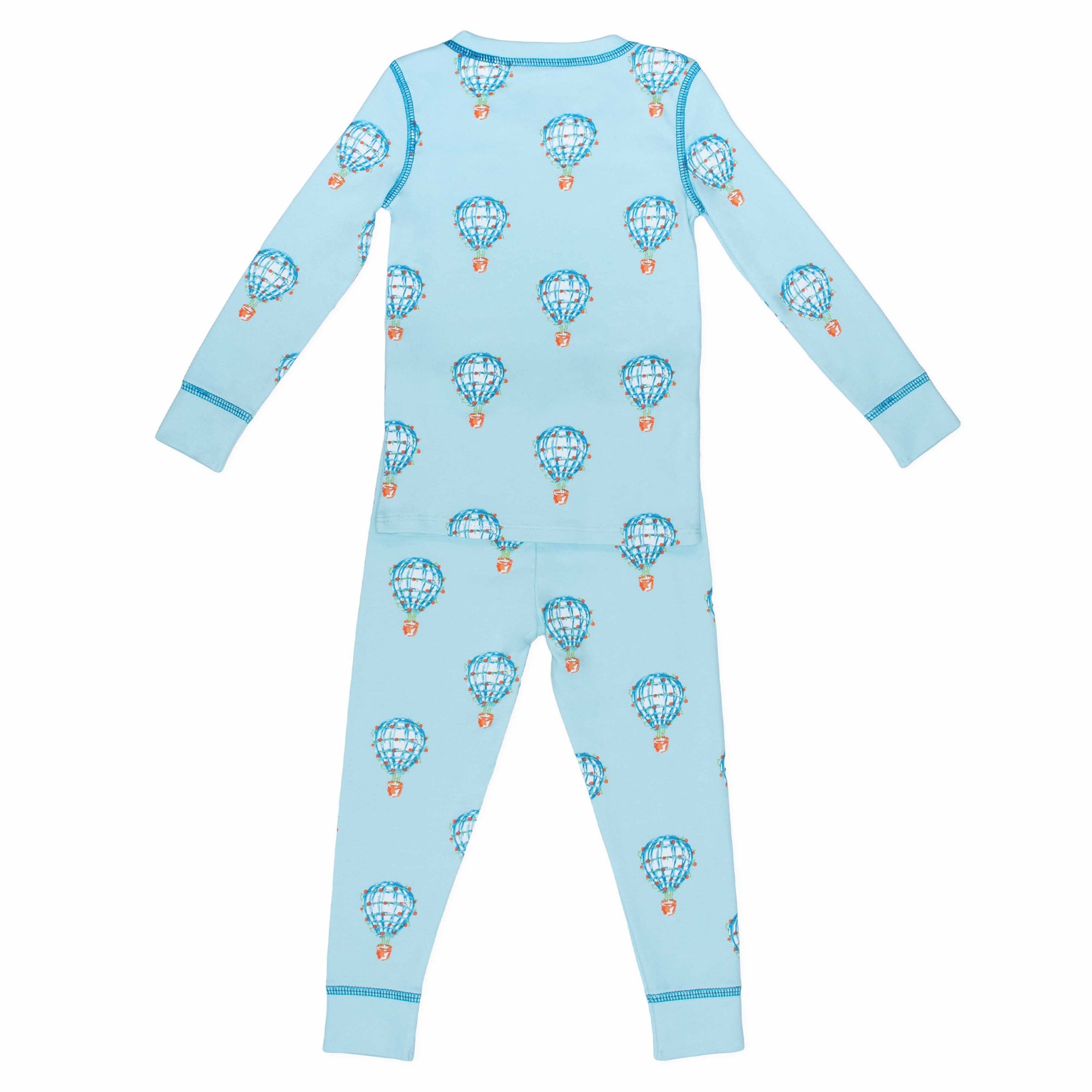 Light blue two-piece pajama set with hot air balloon pattern in pima cotton - back view