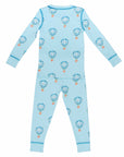 Light blue two-piece pajama set with hot air balloon pattern in pima cotton - back view