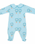 Light blue boys playsuit with classic peter-pan collar and hot air balloon pattern made in pima cotton - back view