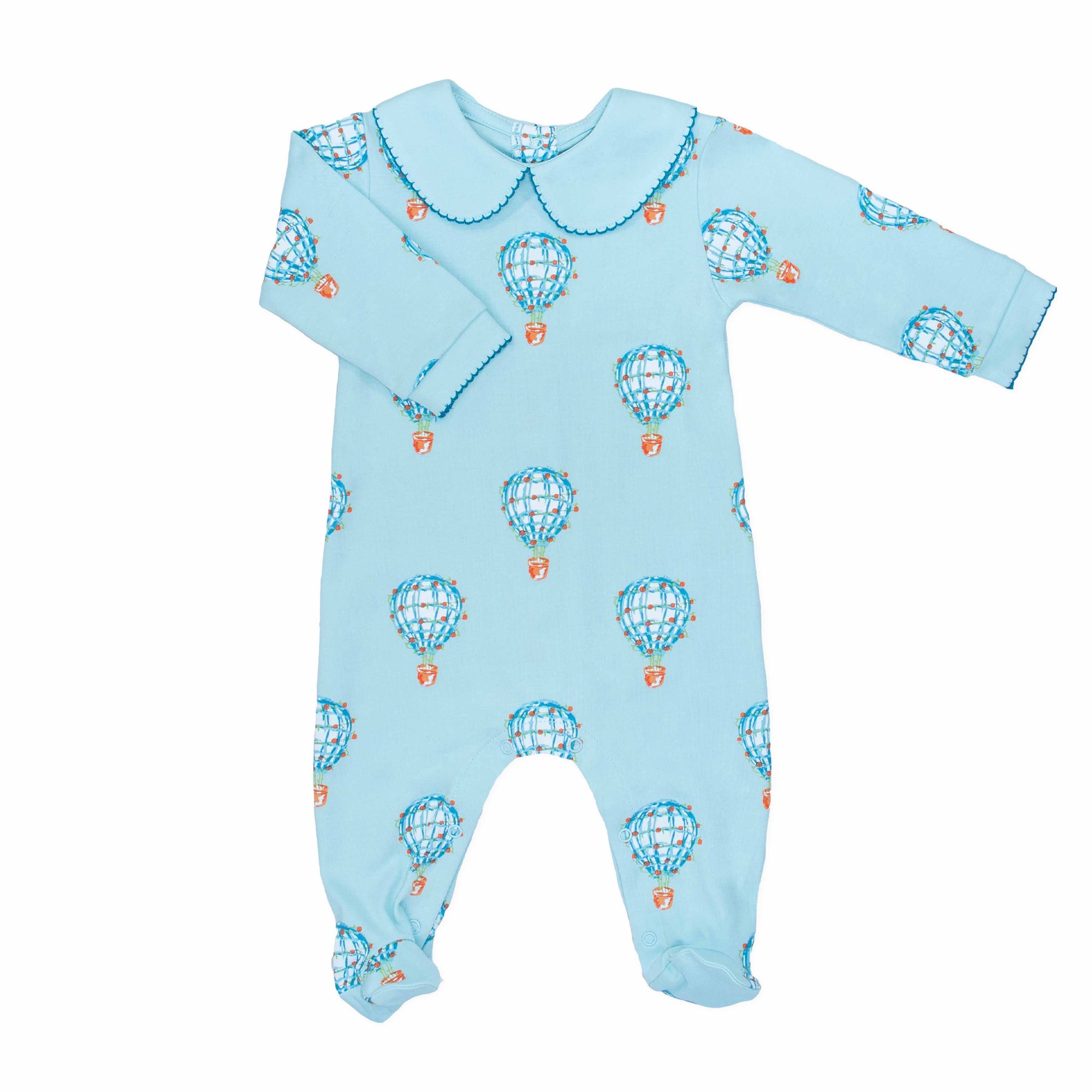 Light blue boys playsuit with classic peter-pan collar and hot air balloon pattern made in pima cotton