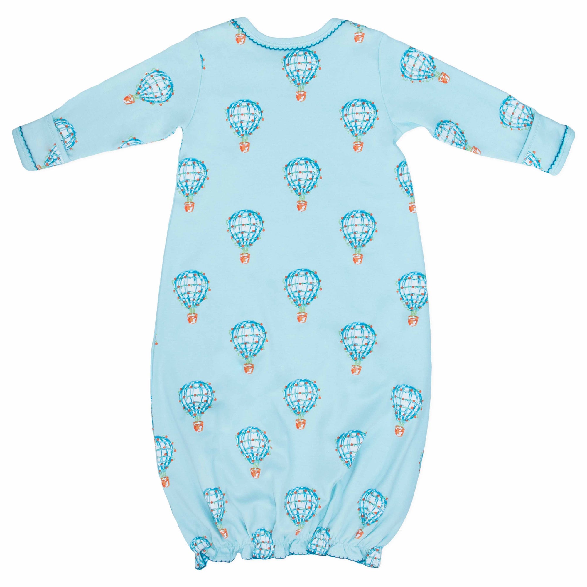 Light blue infant gown with hot air balloon pattern made in pima cotton - back view