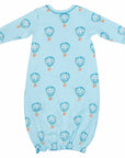 Light blue infant gown with hot air balloon pattern made in pima cotton - back view