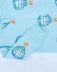 Detail of zipper area of Light blue footed pajama with hot air balloon pattern made in pima cotton