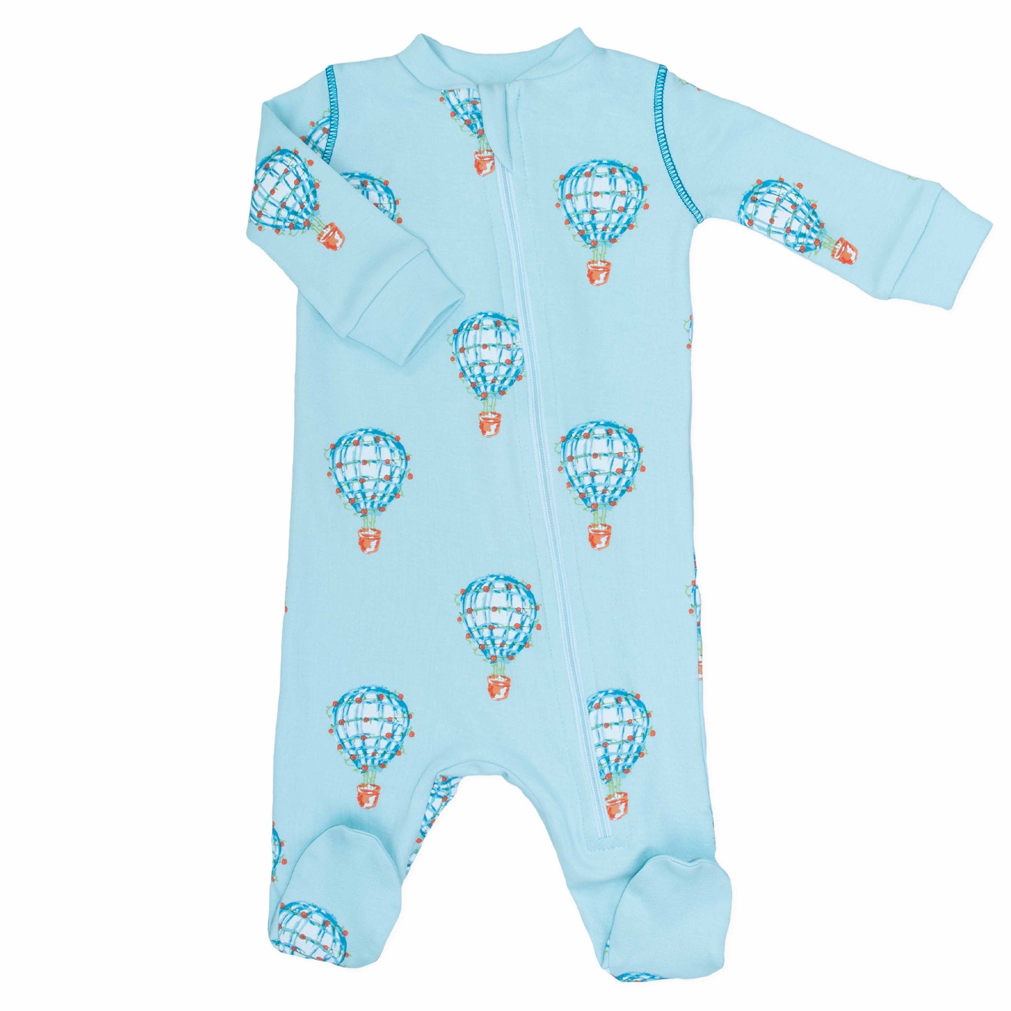 Light blue footed pajama with hot air balloon pattern made in pima cotton