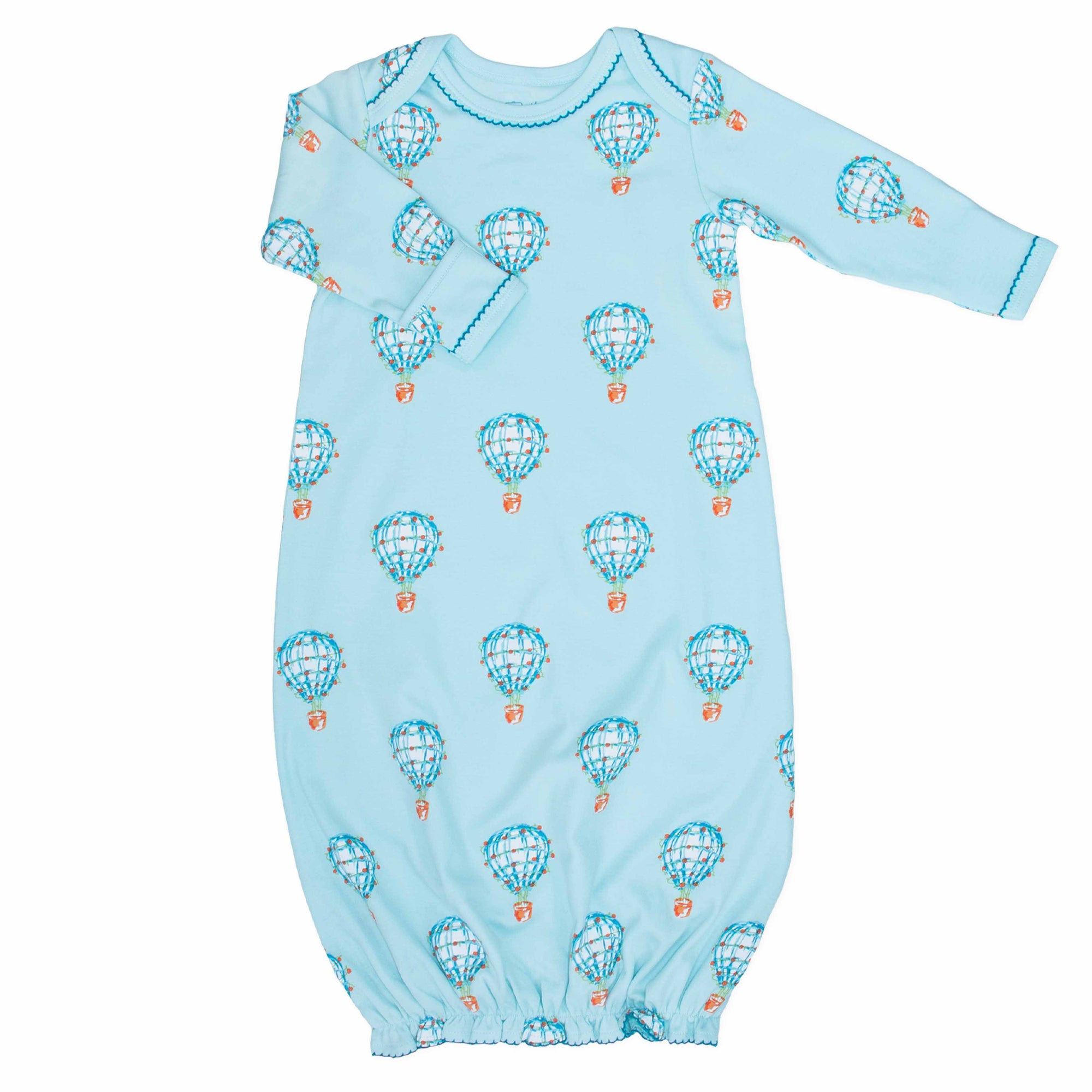 Light blue infant gown with hot air balloon pattern made in pima cotton