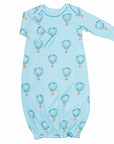 Light blue infant gown with hot air balloon pattern made in pima cotton