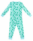 Blue two-piece pajama set with vintage Christmas holly pattern made with pima cotton - back view