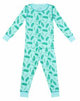 Blue two-piece pajama set with vintage Christmas holly pattern made with pima cotton