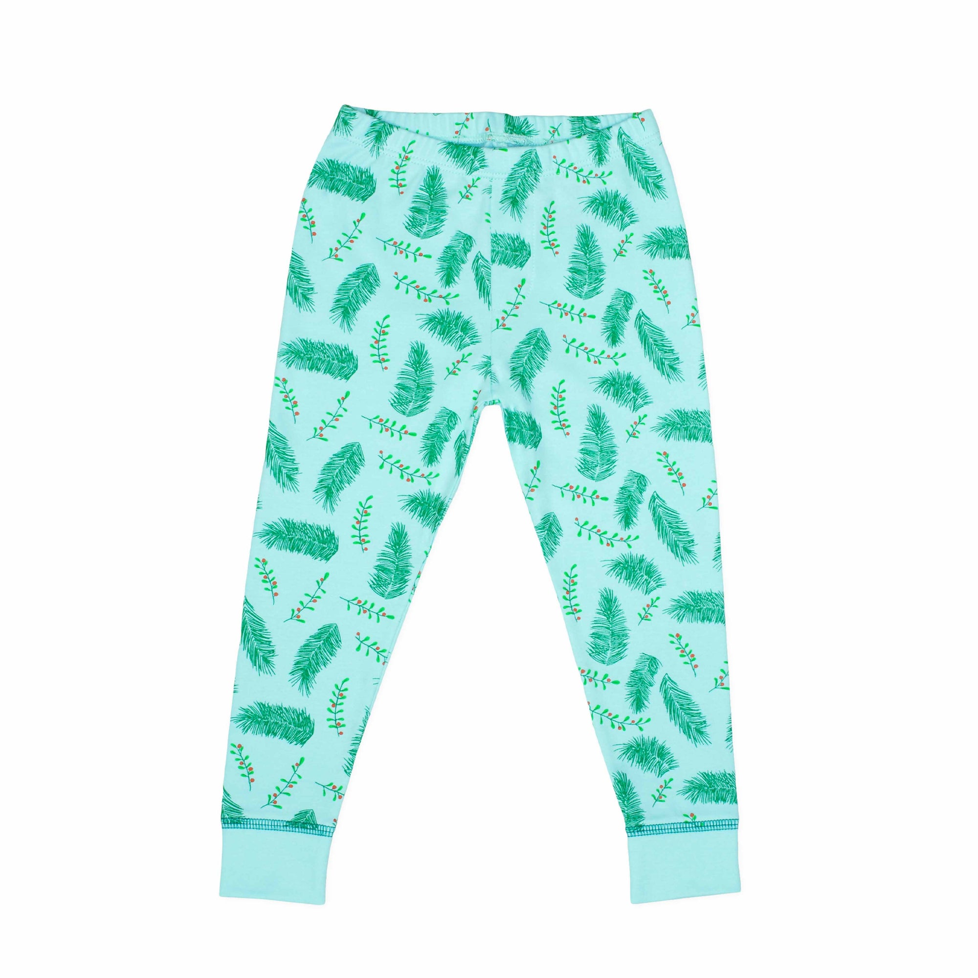 Blue two-piece pajama bottoms with vintage Christmas holly pattern made with pima cotton
