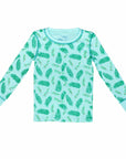 Blue two-piece pajama top with vintage Christmas holly pattern made with pima cotton