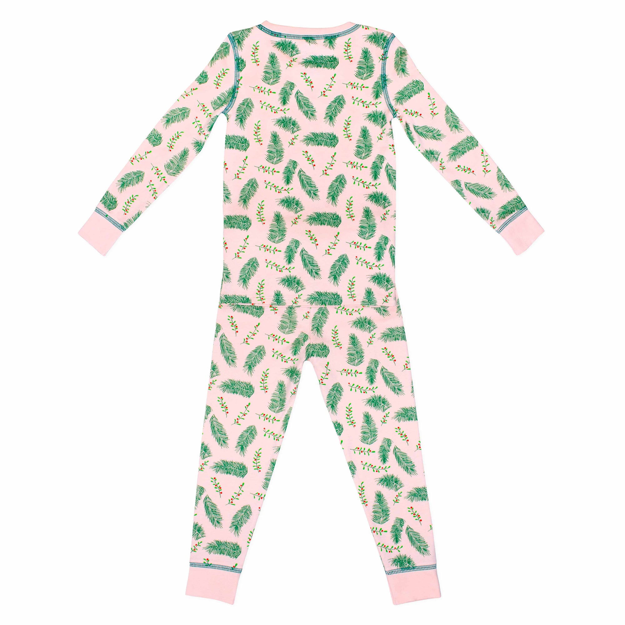 Pink two-piece pajama set with vintage Christmas holly pattern made with pima cotton - back view