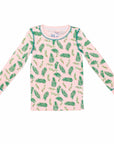 Pink two-piece pajama top with vintage Christmas holly pattern made with pima cotton