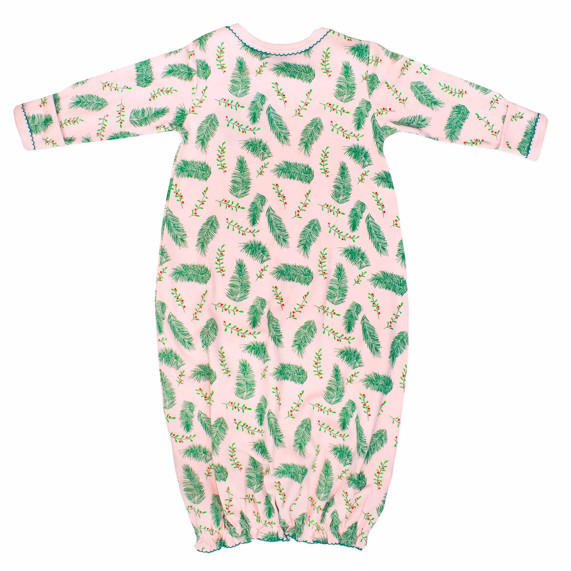 Pink gown with Christmas Holly pattern made with pima cotton - back view