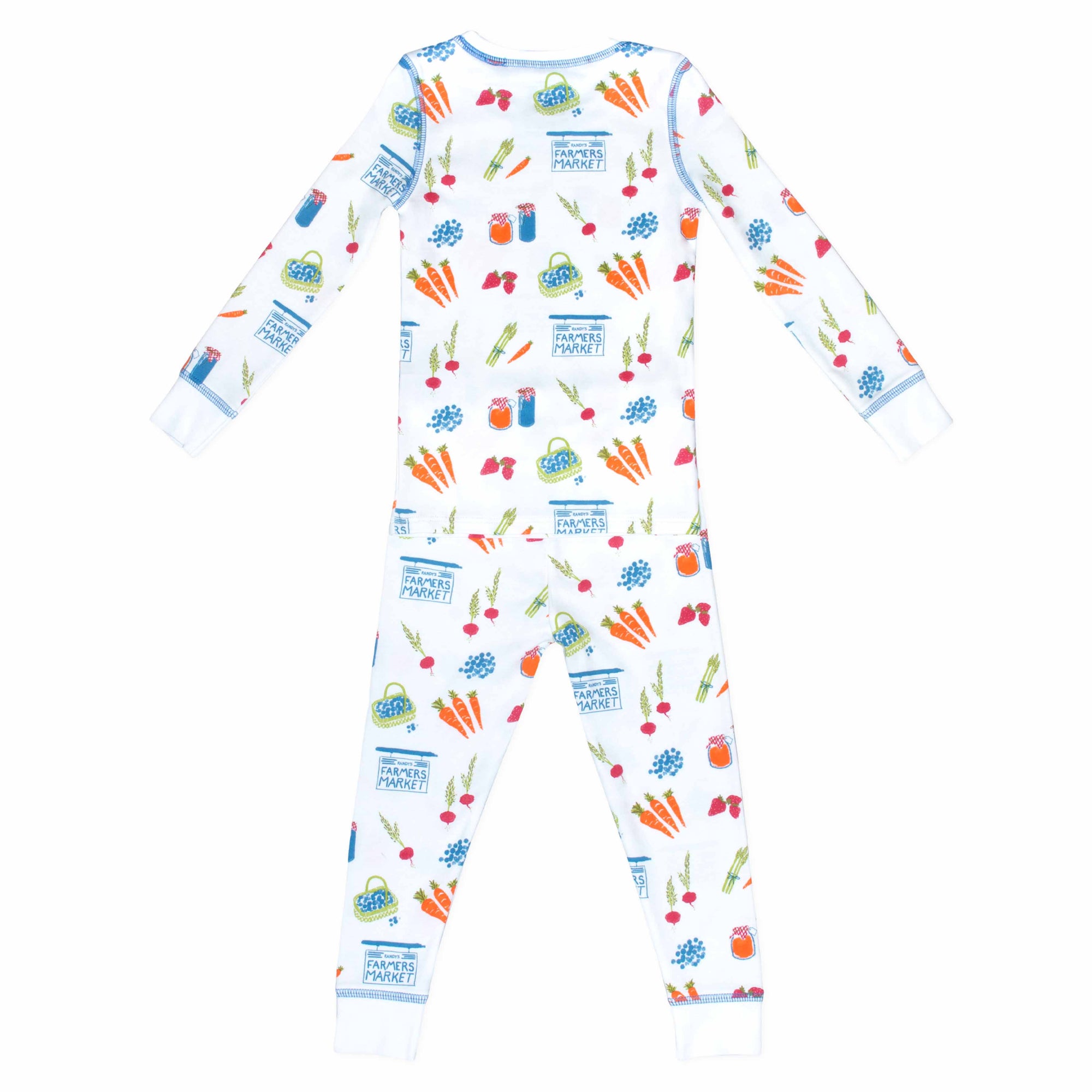 White two-piece pajama set with fruit and vegetable pattern made with pima cotton - back view