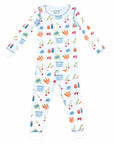 White two-piece pajama set with fruit and vegetable pattern made with pima cotton