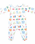 White boys playsuit with classic peter-pan collar and fruit and vegetable pattern made in pima cotton - back view