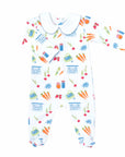 White boys playsuit with classic peter-pan collar and fruit and vegetable pattern made in pima cotton