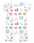 White boys romper with chest pocket and fruit and vegetable pattern made in pima cotton - back view
