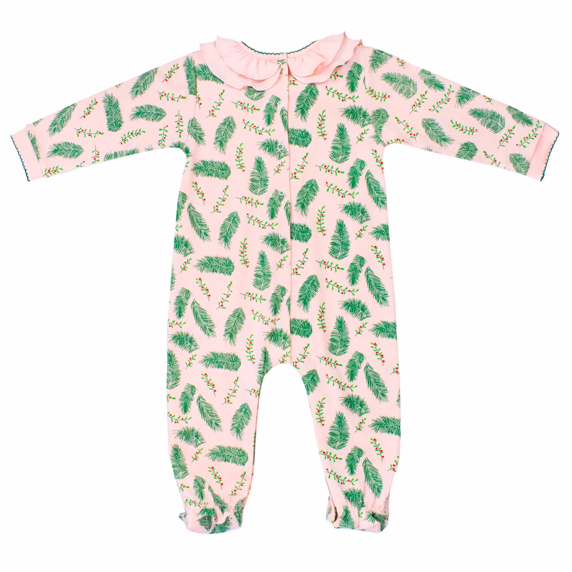 pink girls playsuit with classic ruffled collar and vintage Christmas holly pattern made in pima cotton - back view