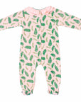 pink girls playsuit with classic ruffled collar and vintage Christmas holly pattern made in pima cotton - back view