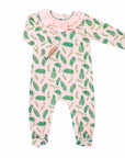 pink girls playsuit with classic ruffled collar and vintage Christmas holly pattern made in pima cotton