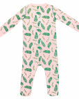 Light pink footed pajama with vintage-inspired Christmas holly pattern made in pima cotton - back view