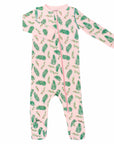 Light pink footed pajama with vintage-inspired Christmas holly pattern made in pima cotton