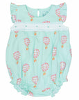 pink girls bubble with smock and hot air balloon pattern made in pima cotton