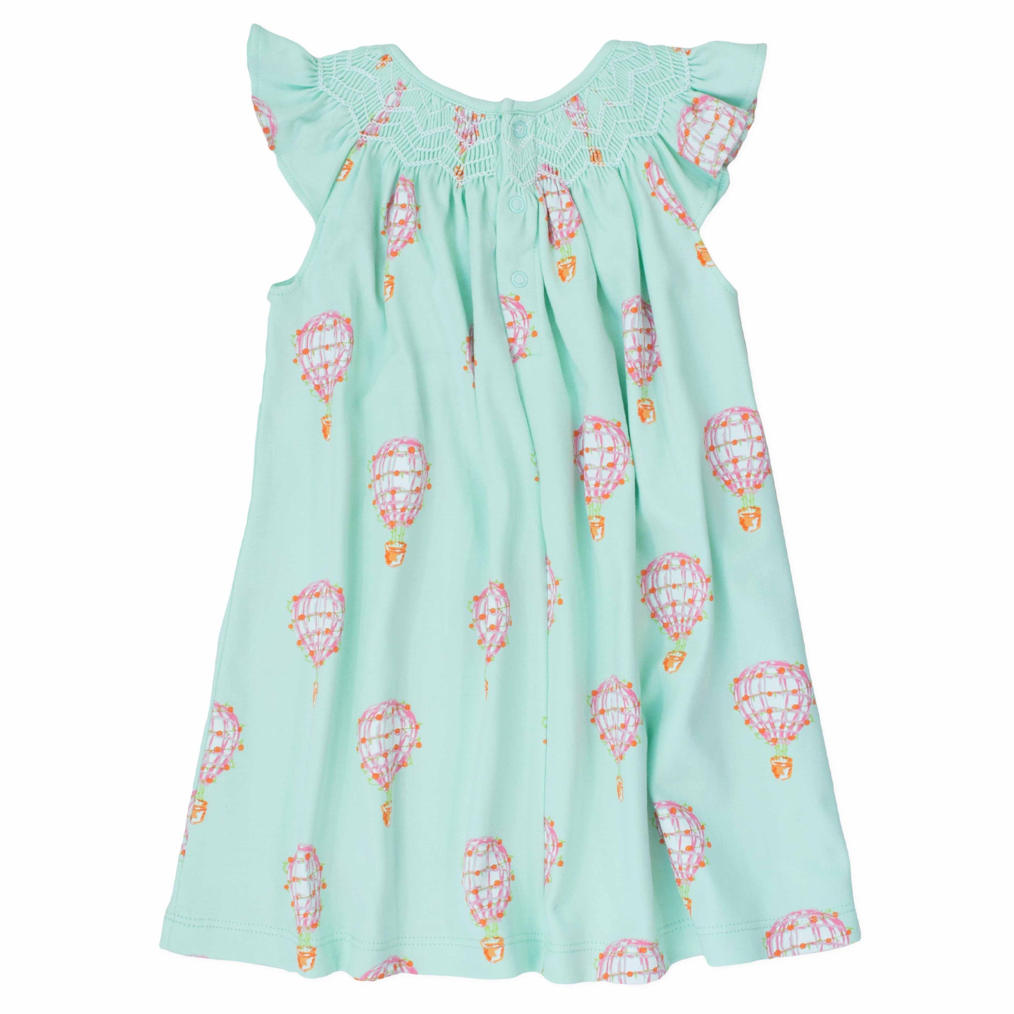 back view pink girls dress with smock and hot air balloon pattern made in pima cotton
