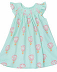 pink girls dress with smock and hot air balloon pattern made in pima cotton
