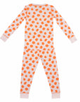 Pink two-piece pajama set with orange polka dot pattern made with pima cotton - back view