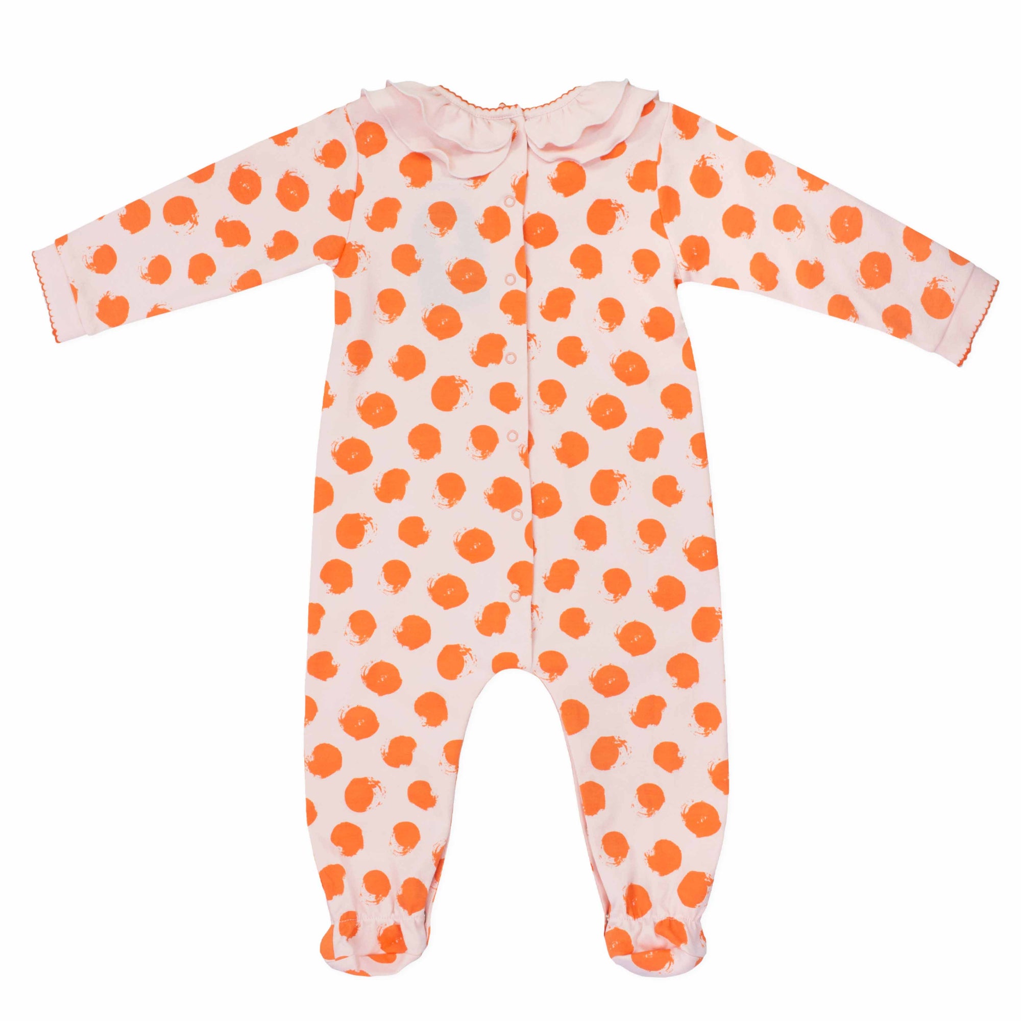 pink girls playsuit with classic ruffled collar and orange dots pattern made in pima cotton - back view