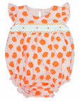 pink girls bubble with smock and orange dots pattern made in pima cotton