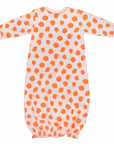 Pink gown with orange polka dot pattern made with pima cotton - back view